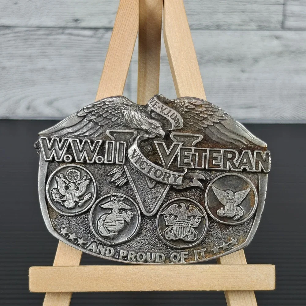 Vintage 1988 WWII Veteran Belt Buckle Great American Buckle Co Pewter USA Made